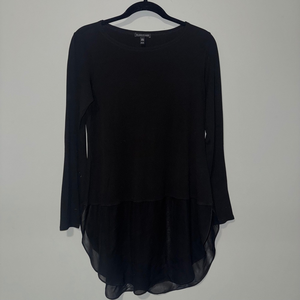 EILEEN FISHER Black Silk‎ Sheer Hem Long Sleeve Tunic Top XS